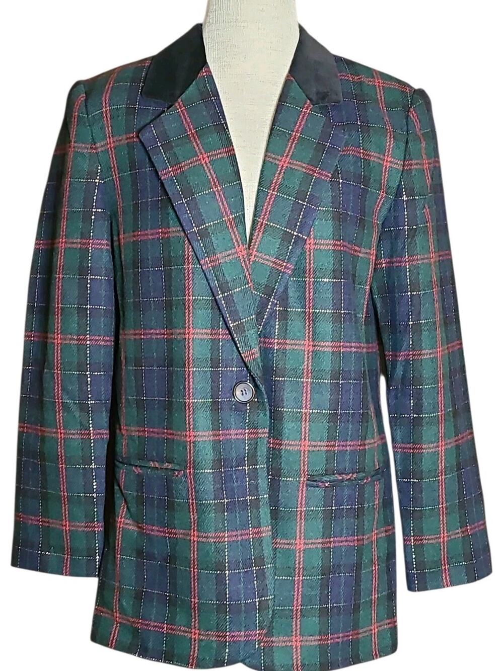 VTG Sag Harbor Blazer Women 10 Plaid Red Green Wool Blend Christmas Academia